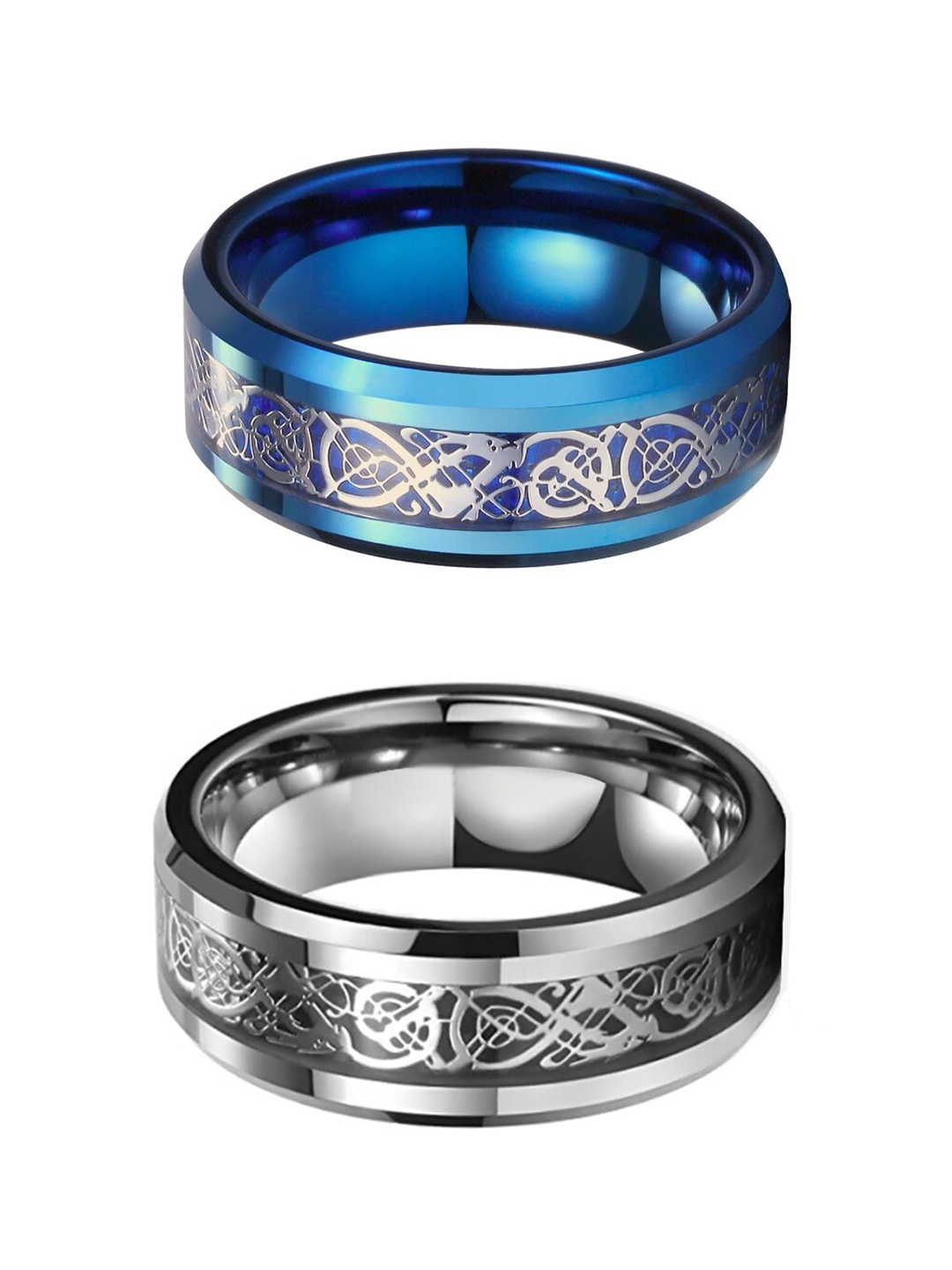 

Yellow Chimes Men Set Of 2 Blue & Silver-Toned Rhodium-Plated Finger Rings