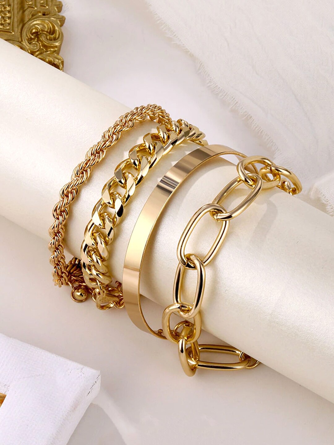 

Yellow Chimes Women Set of 4 Combo Multilayer Stack Style Chain Bracelets, Gold