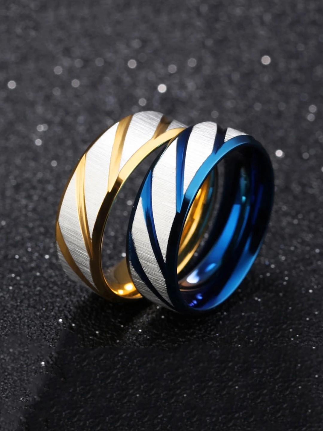 

Yellow Chimes Men Set Of 2 Gold & Blue Rhodium Plated Finger Rings