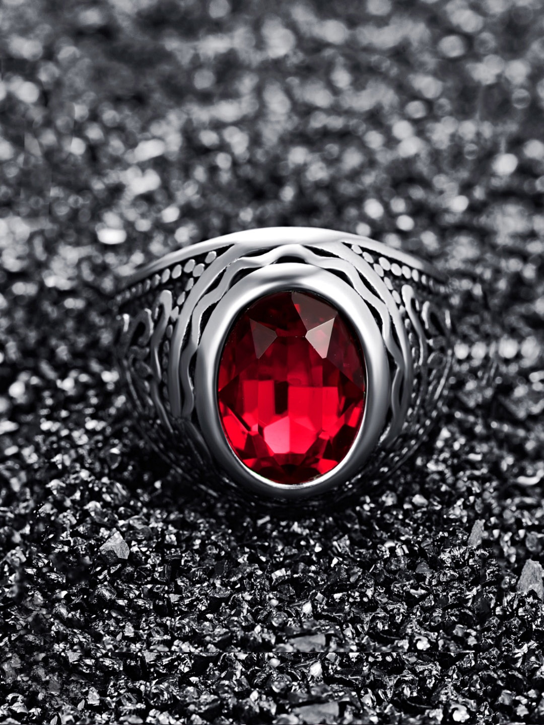 

Yellow Chimes Men Silver-Toned & Red Dual Tone Stone Finger Ring