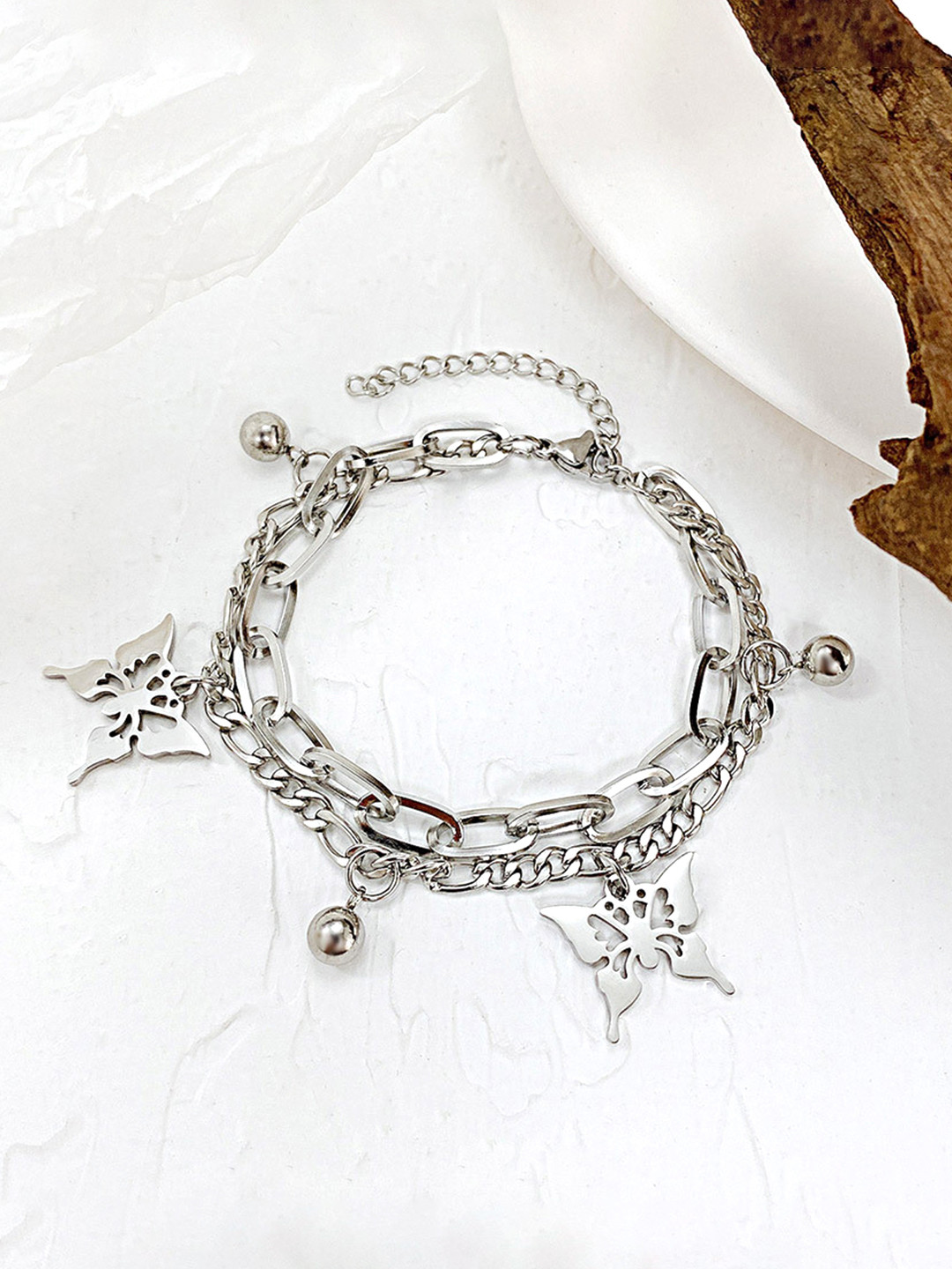 

Yellow Chimes Women Silver-Plated Butterfly Charm Stainless Steel Statement Link Bracelet