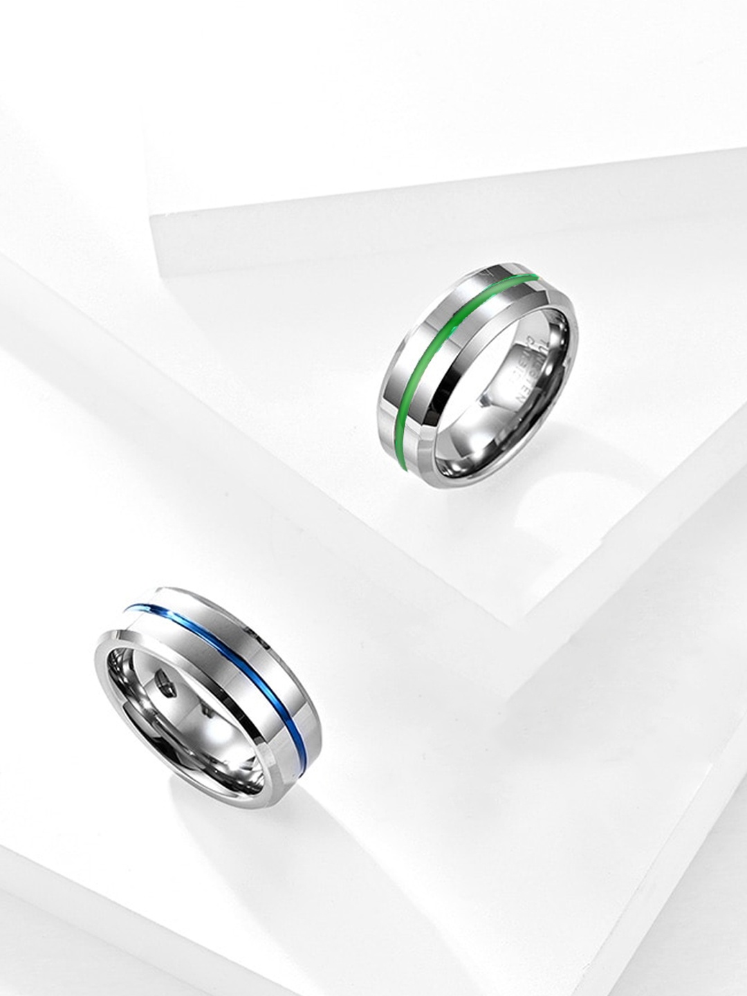 

Yellow Chimes Men Set Of 2 Rhodium-Plated & Silver Toned Classic Grooved Rings