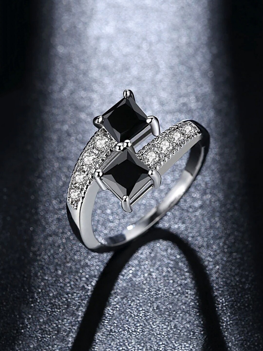 

Yellow Chimes Silver-Plated & Black Crystal-Studded Adjustable Finger Ring
