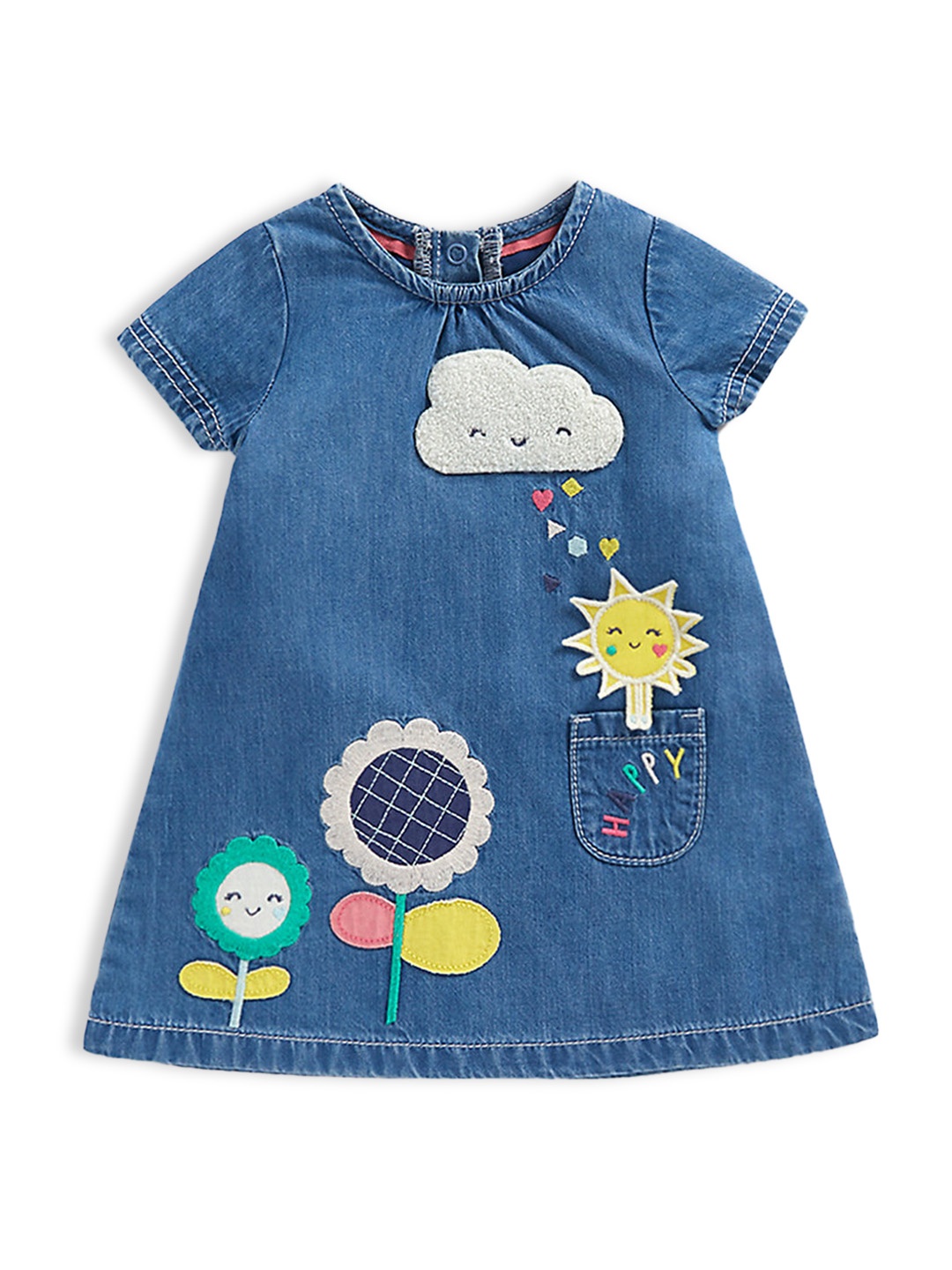 

mothercare Infant Girls Blue & Yellow Floral Embroidered A-Line Denim Dress With Applique