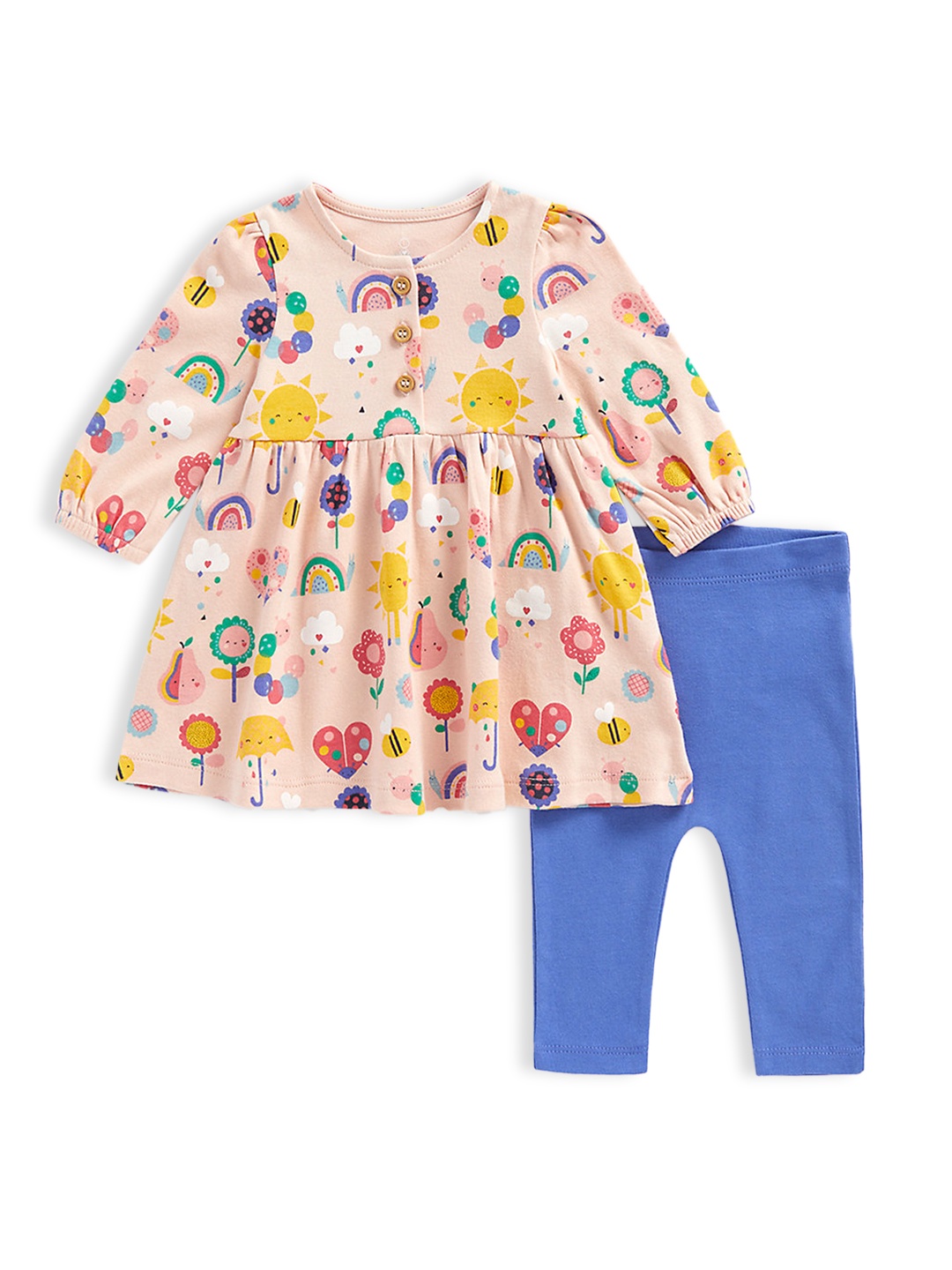 

mothercare Infant Girls Pink & Blue Printed Pure Cotton Dress With Leggings Set