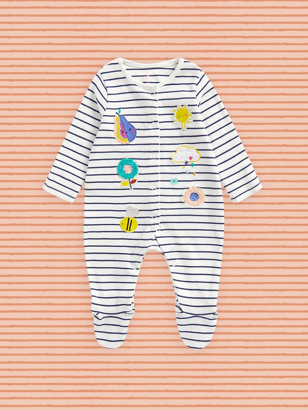 

mothercare Infant Girls Navy Blue & White Striped Pure Cotton Sleepsuit With Appliques
