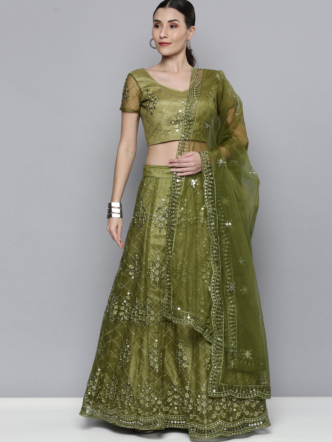 

Kvsfab Olive Green Embroidered Semi-Stitched Lehenga with Unstitched Blouse & Dupatta