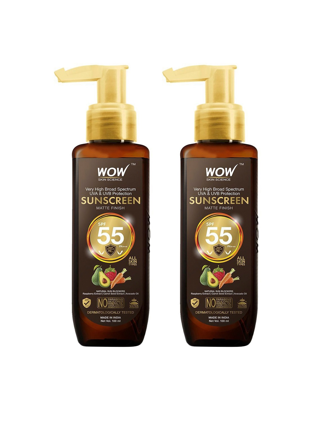 

WOW SKIN SCIENCE Set of 2 Sunscreen Matte Finish SPF 55 PA+++ - 100 ml each, Brown