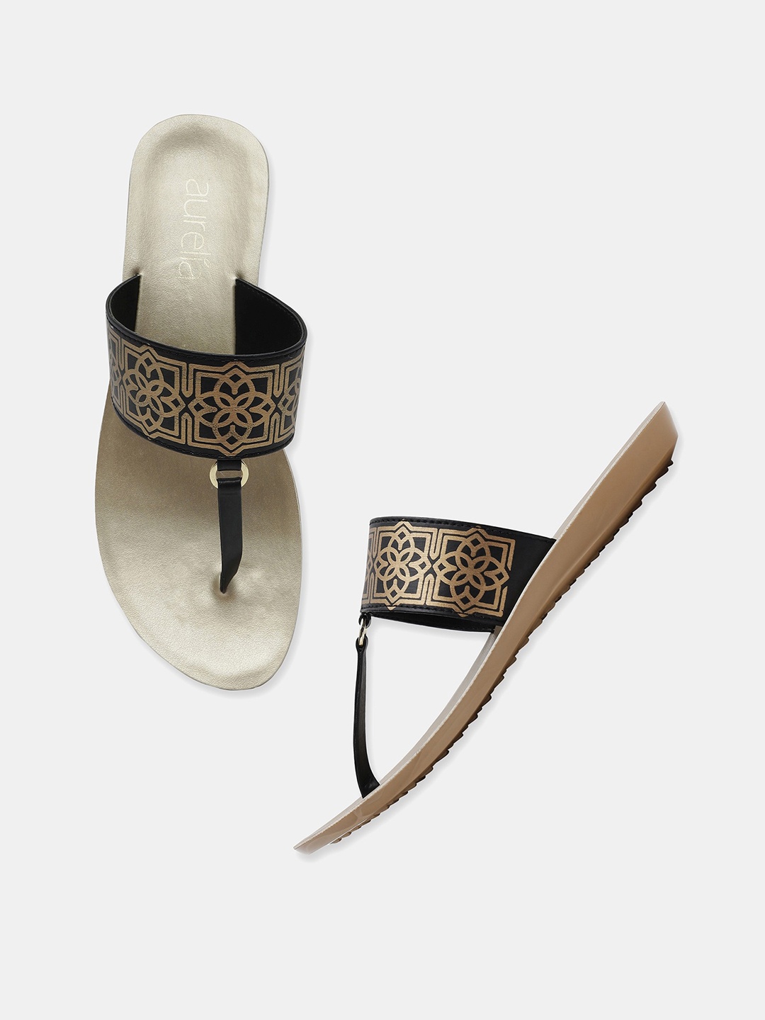 

AURELIA Women Black Printed Ethnic T-Strap Flats