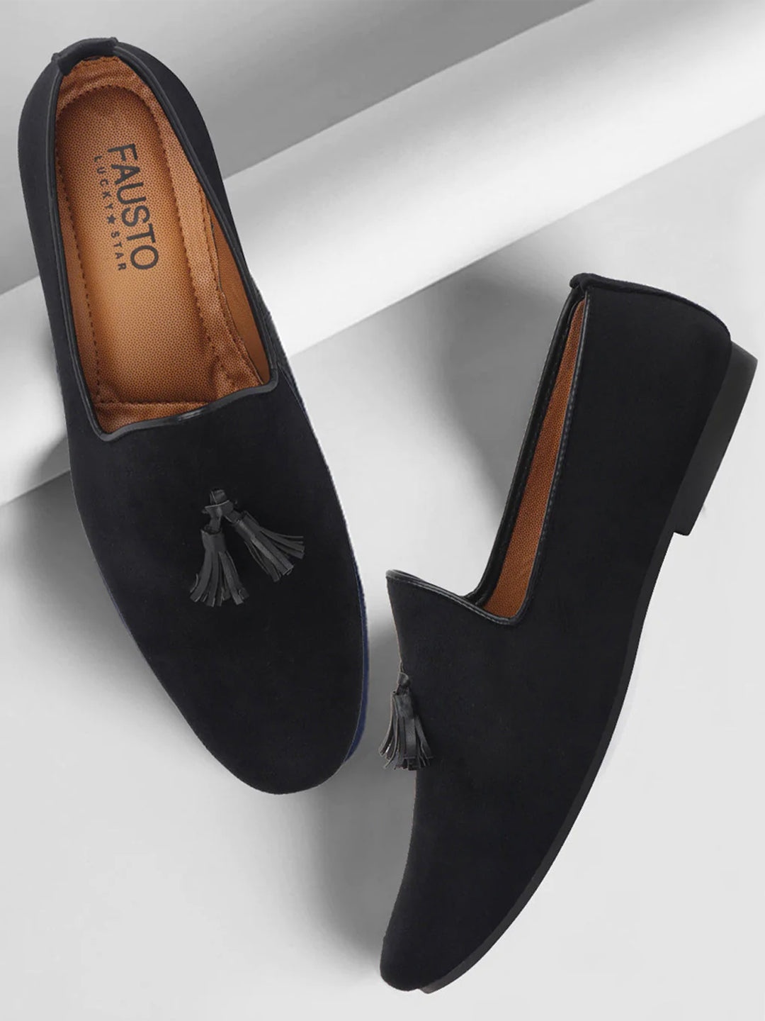 

FAUSTO Men Black Solid Tasselled Lightweight Loafers