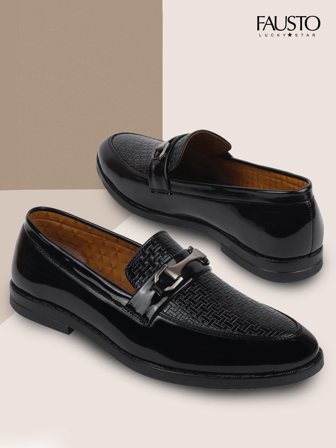

FAUSTO Men Black Woven Design Patent Lightweight Leather Loafers