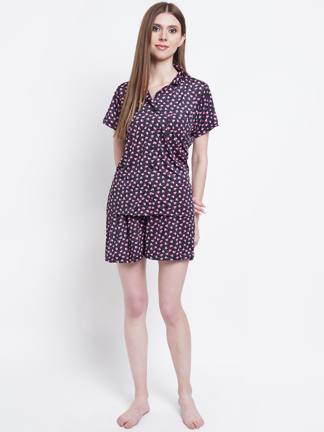 

Purple State Women Black & Pink Heart Printed Night suit