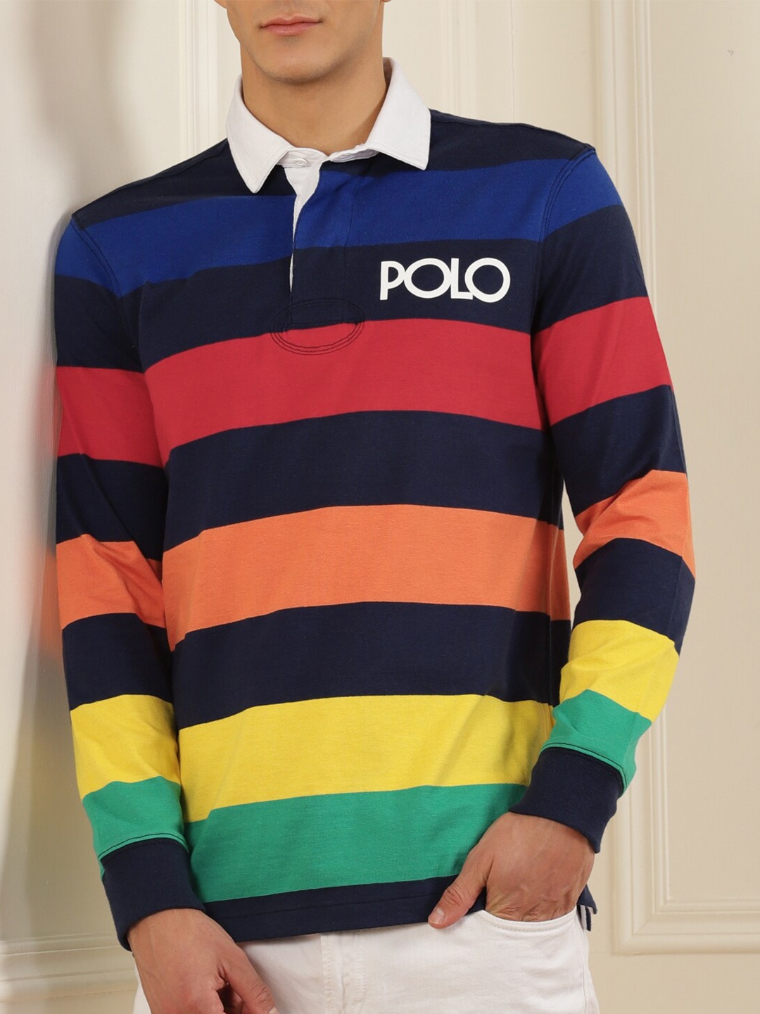 

Polo Ralph Lauren Men Navy Blue & Yellow Striped Colorblocked Cotton Polo Collar T-shirt