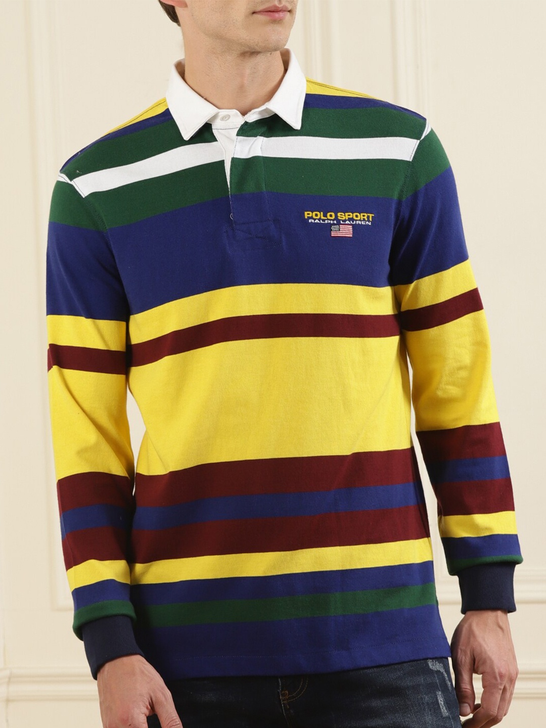 

Polo Ralph Lauren Men Yellow & Navy Blue Striped Polo Collar Cotton T-shirt