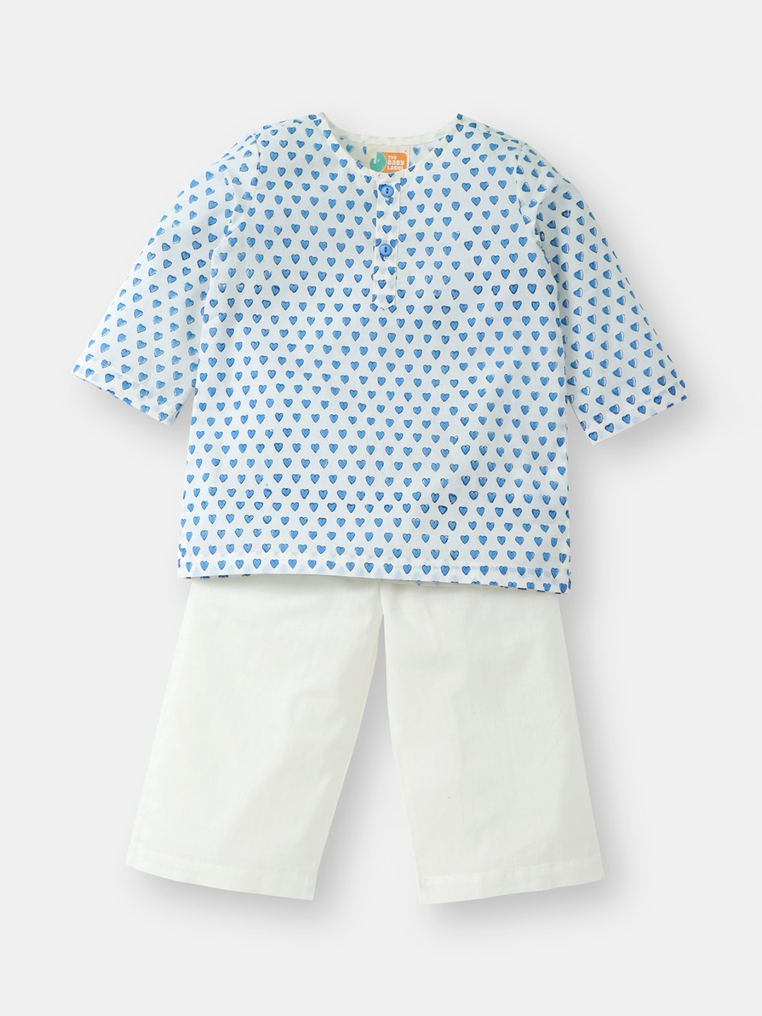 

THE BABY LABEL Kids Blue & White Hand-Block Hearts Printed Pure Cotton Kurta with Pyjamas