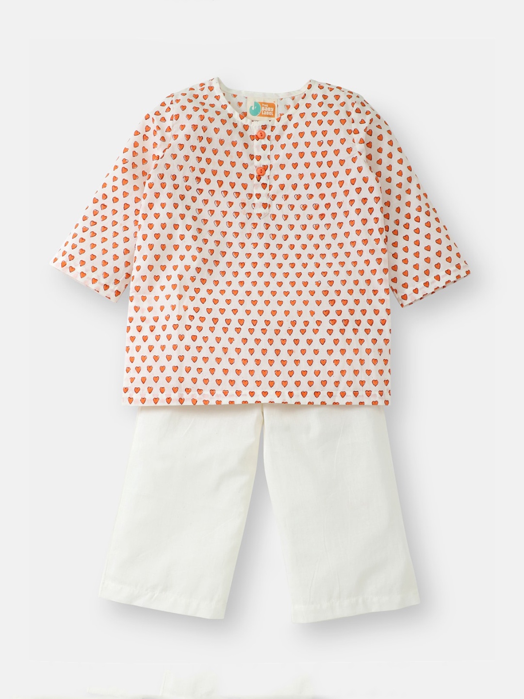 

THE BABY LABEL Unisex Kids Orange & White Hand-Block Hearts Print Pure Cotton Kurta with Pyjamas