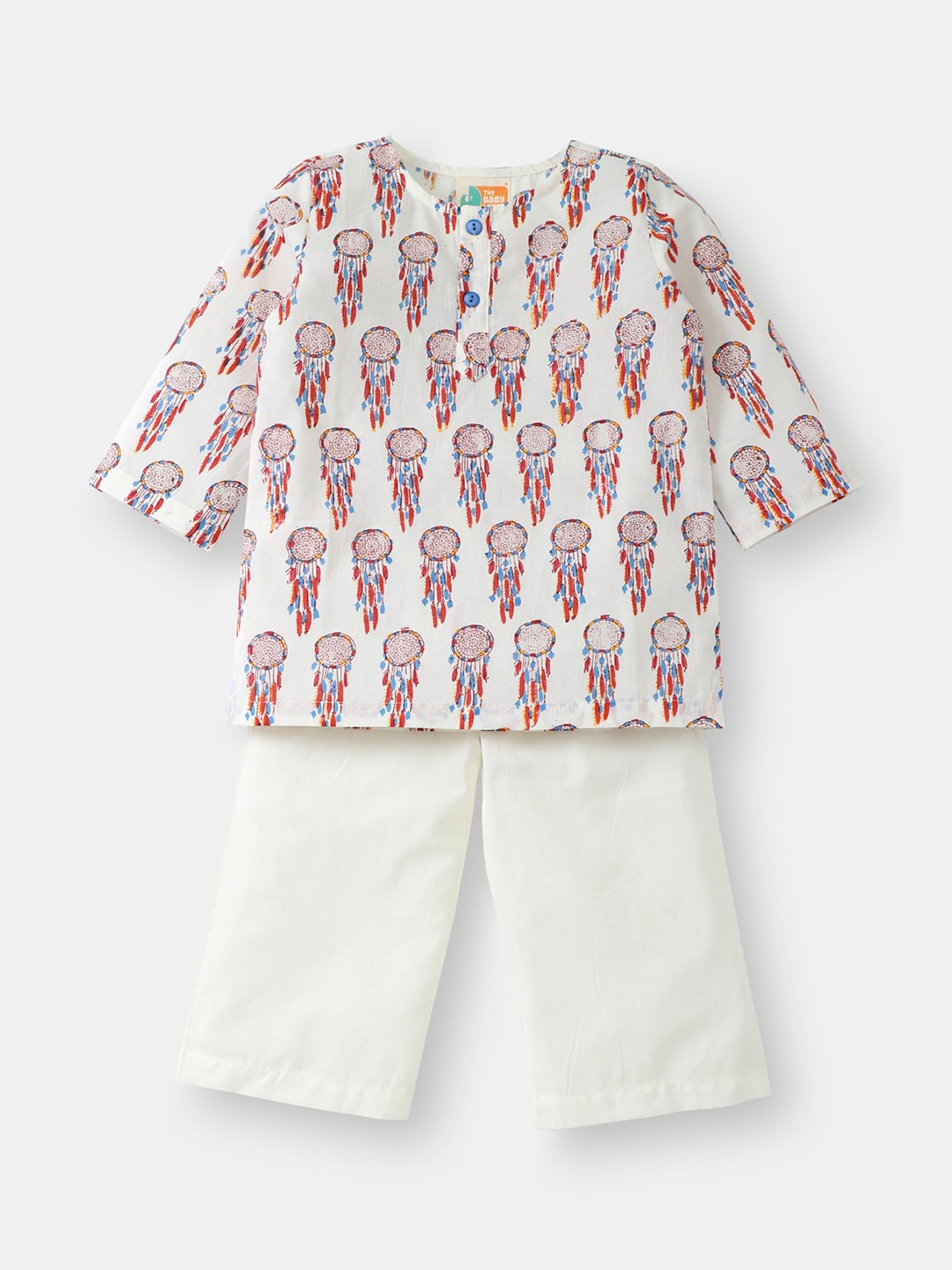 

THE BABY LABEL Kids Red & White Hand-Block Dreamcatcher Printed Kurta Pajama Set