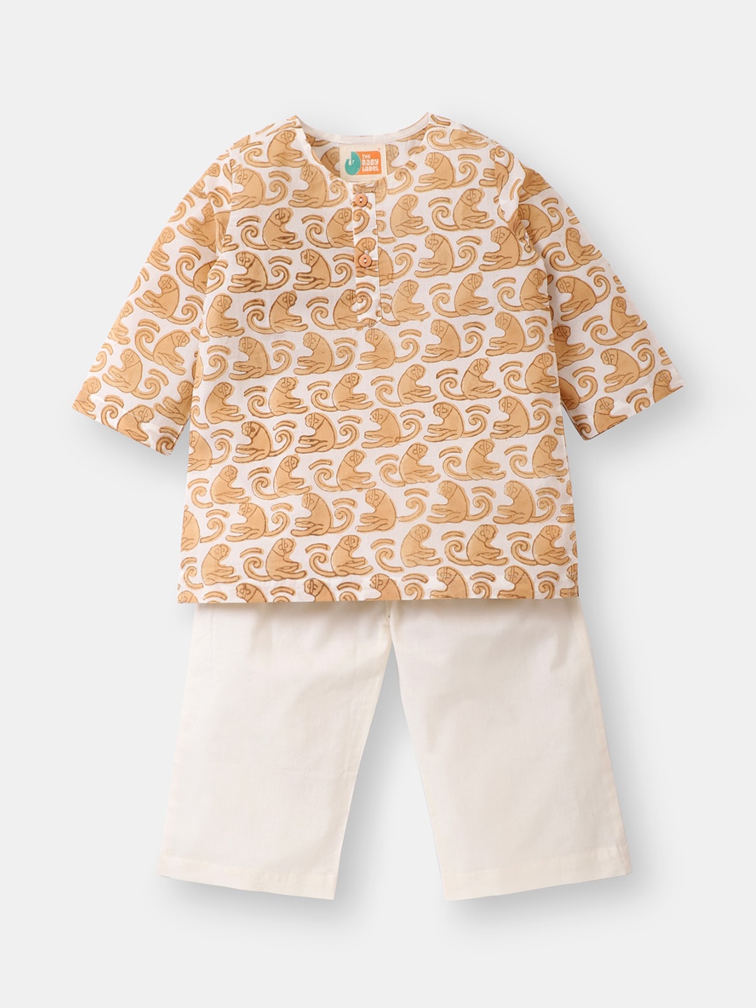 

THE BABY LABEL Unisex Kids Brown & White Hand-Block Monkey Print Kurta & Pyjamas