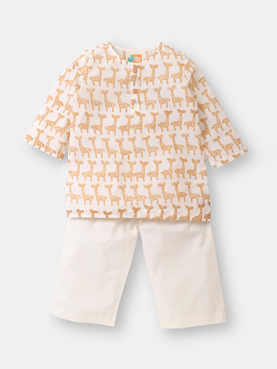 

THE BABY LABEL Kids Brown & White Ethnic Motifs Printed Pure Cotton Kurta with Pyjamas