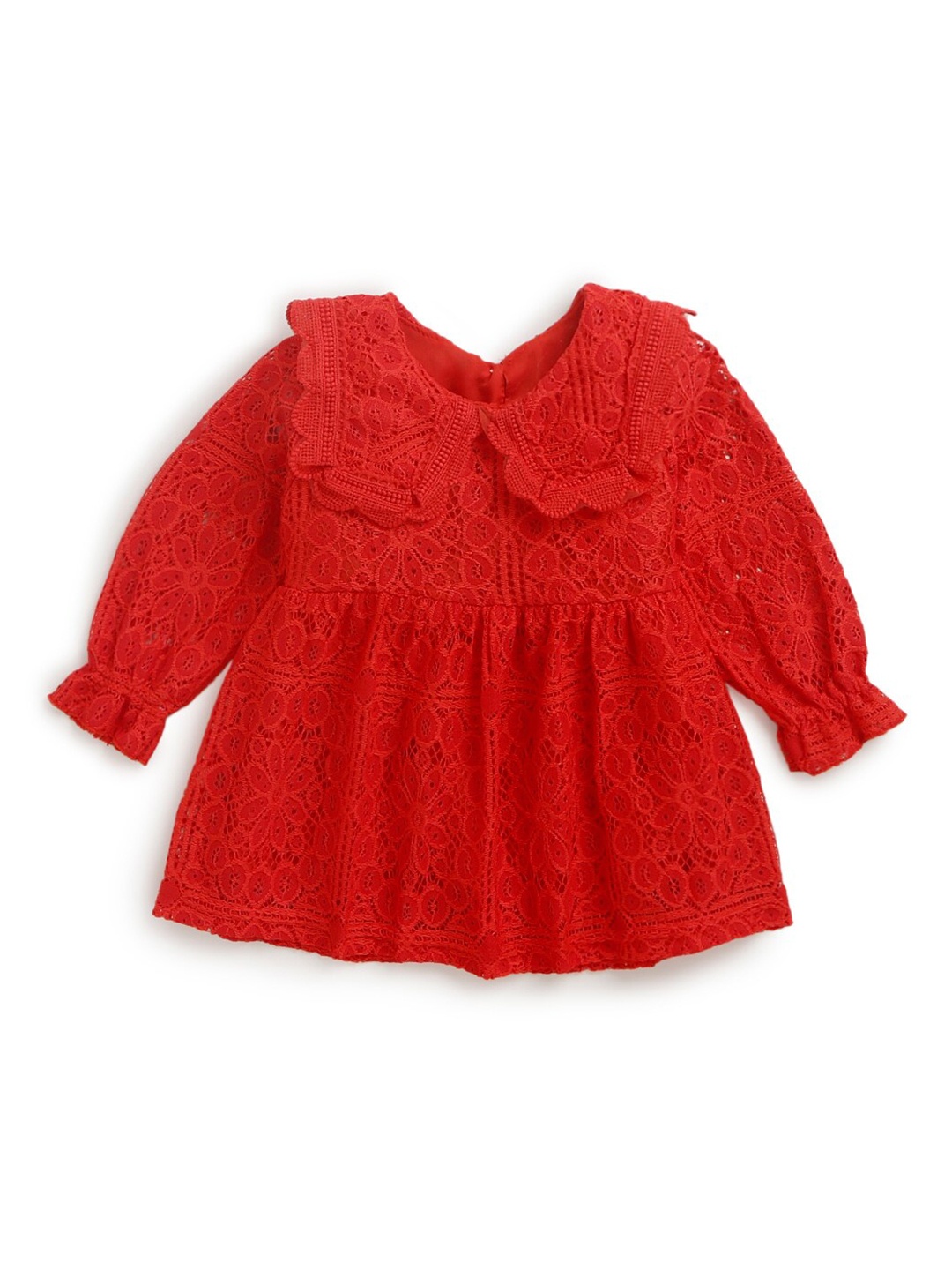 

Hopscotch Red Self Design Peter Pan Collar Lace Top