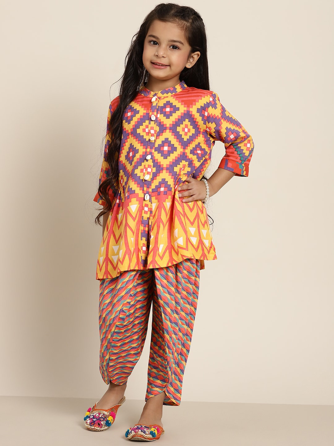 

Sangria Girls Coral Orange & Yellow Printed A-Line Kurta with Dhoti Pants