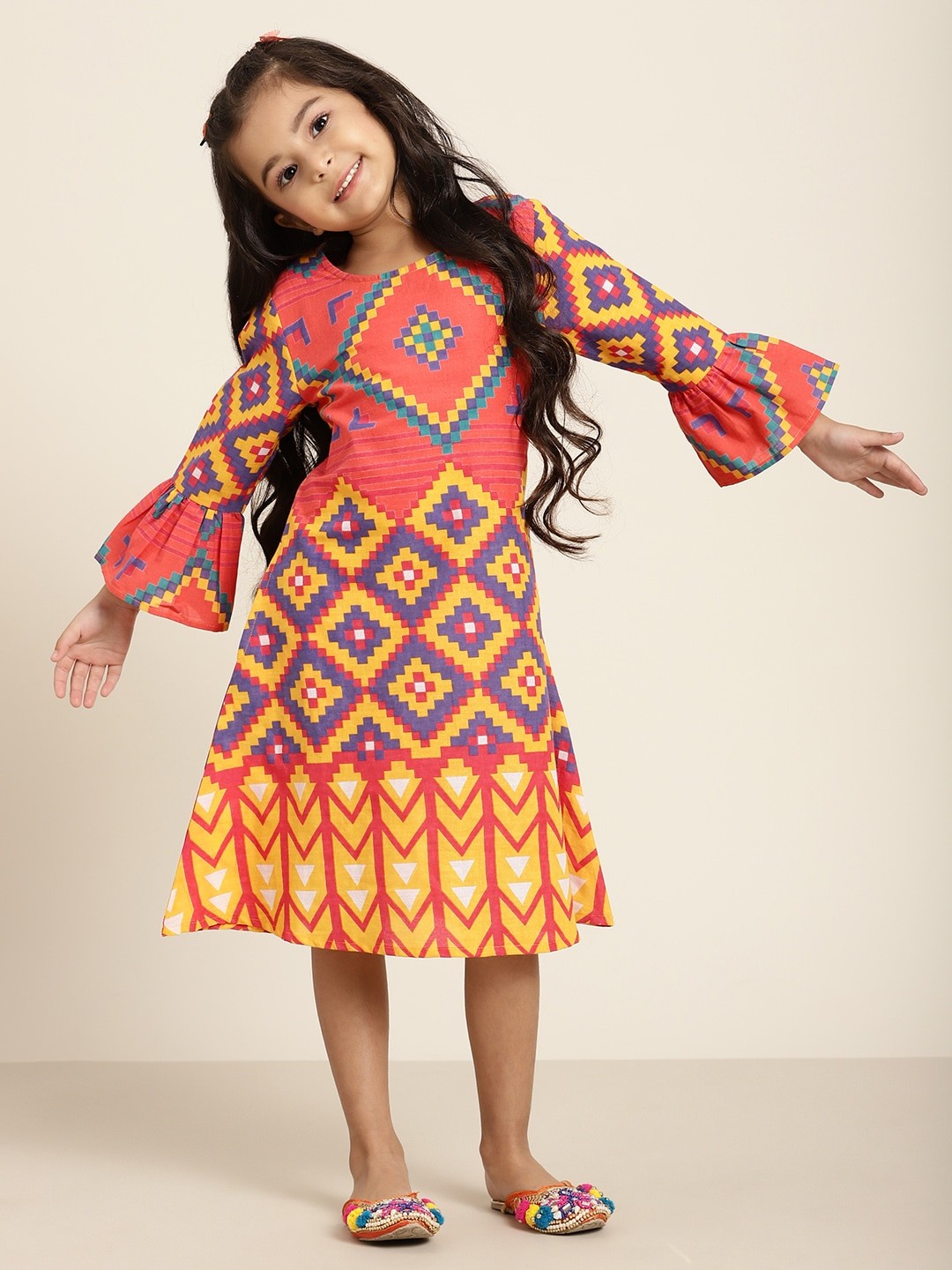 

Sangria Girls Coral & Yellow Pure Cotton Geometric Print A-Line Dress