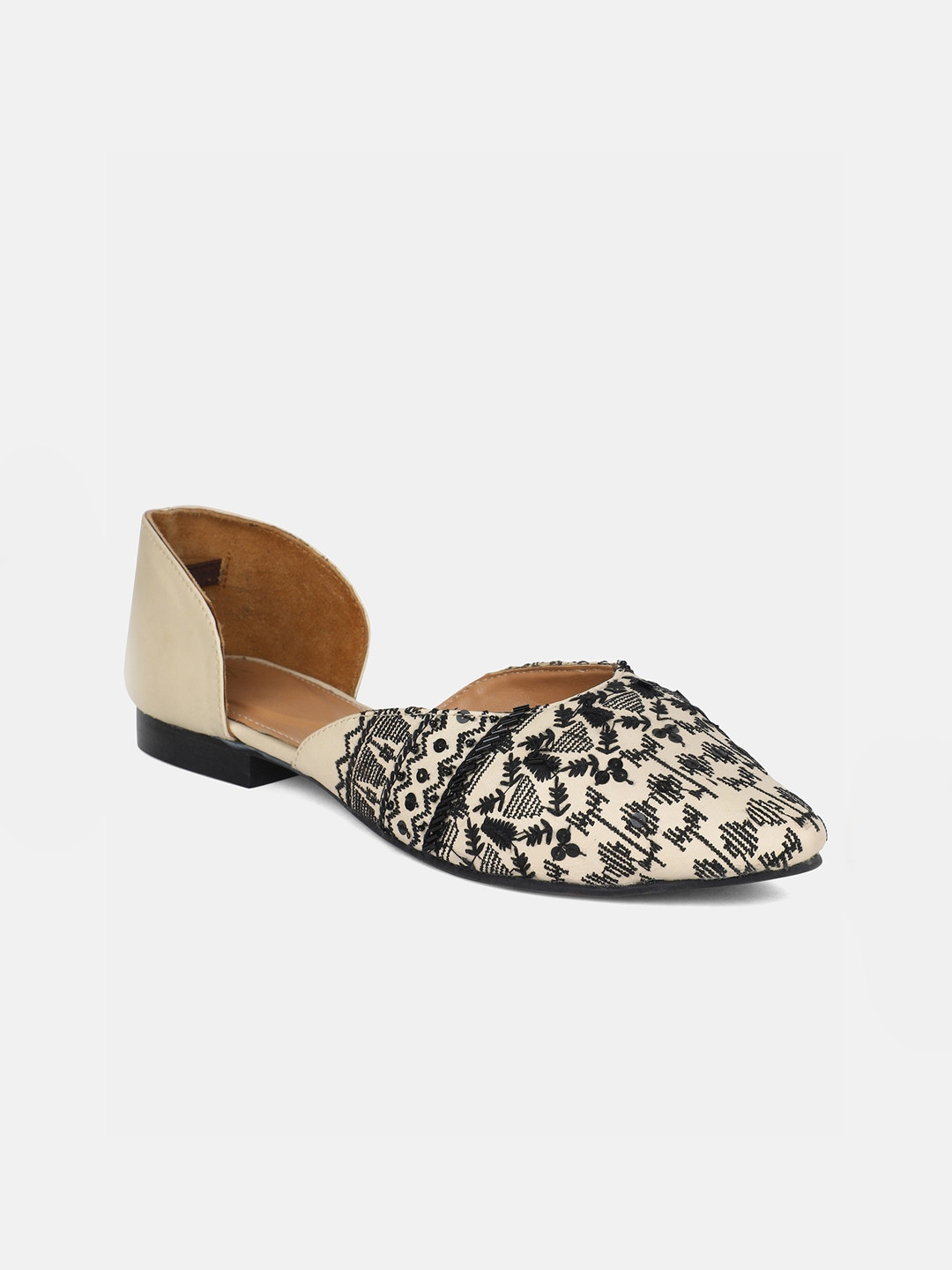 

W The Folksong Collection Women Beige & Black Printed Party Mules Flats