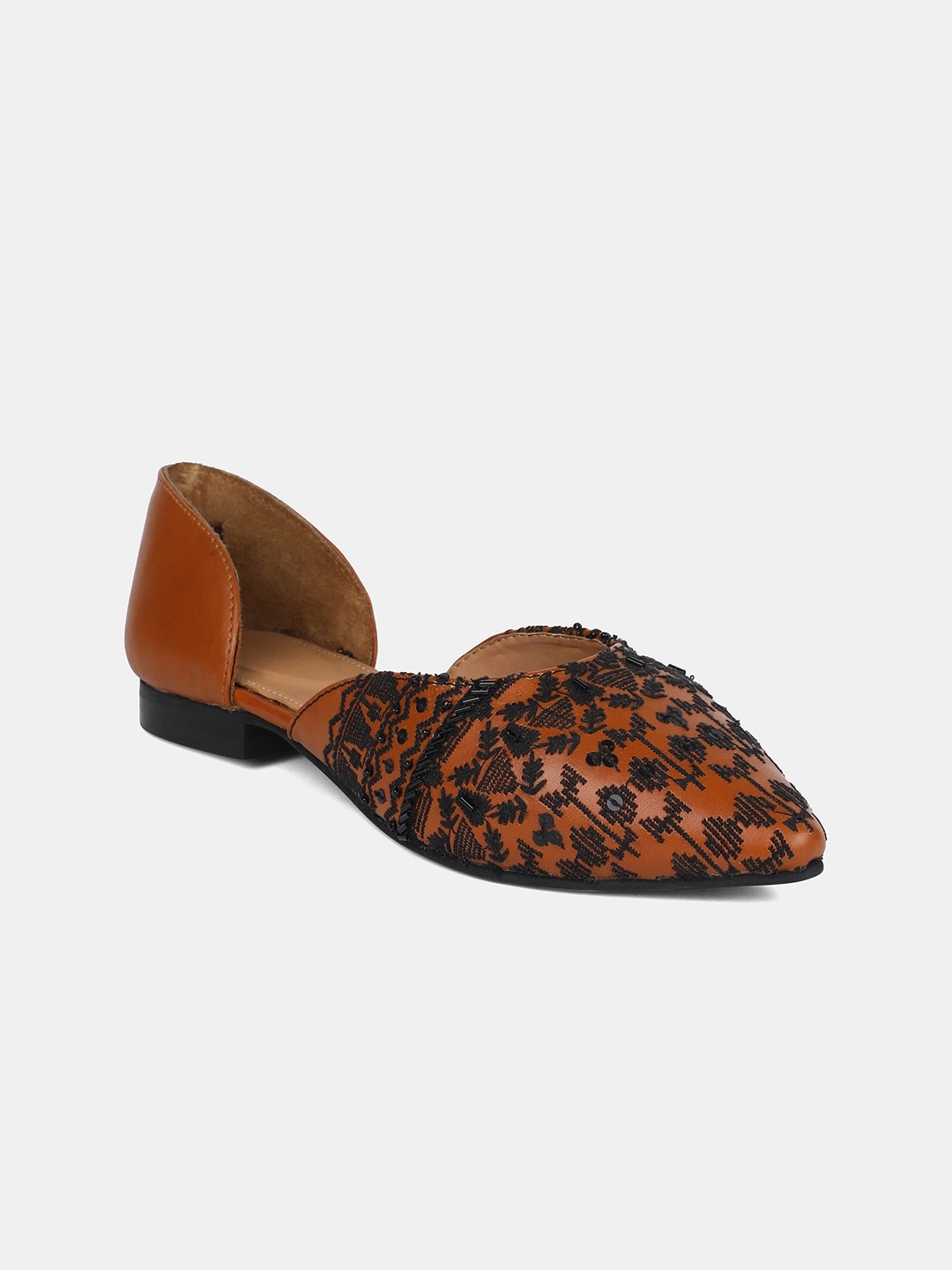 

W The Folksong Collection Women Tan Printed Leather Mules Flats