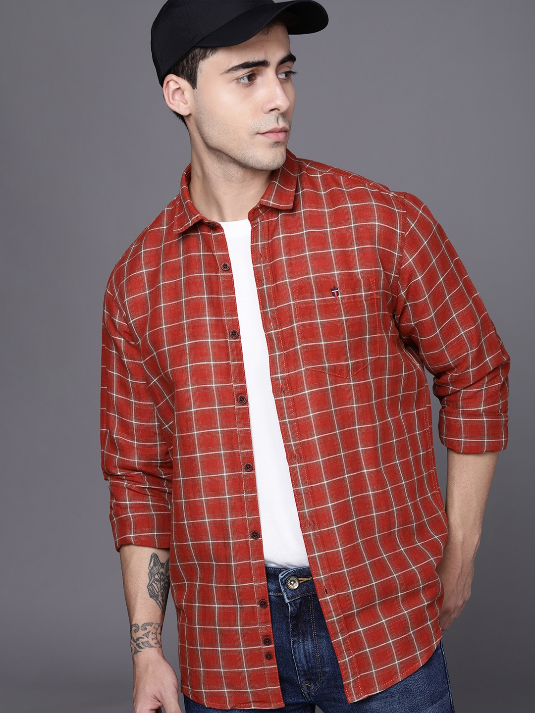 

Louis Philippe Jeans Men Brown Slim Fit Windowpane Checks Casual Shirt