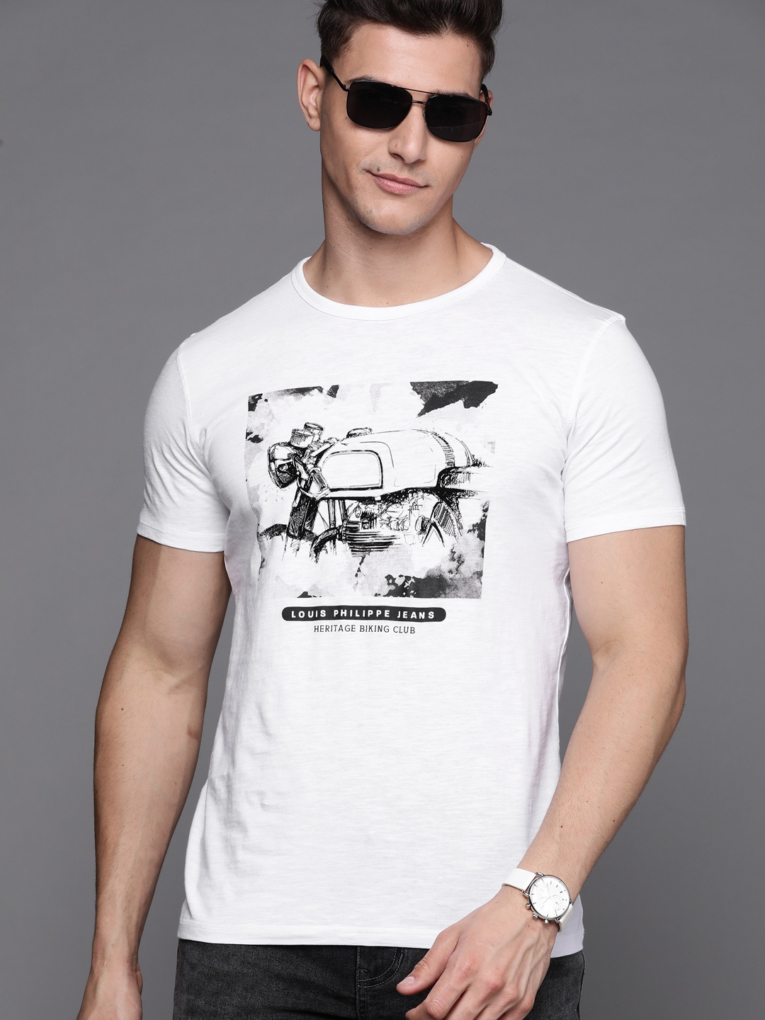 

Louis Philippe Jeans Men White & Black Pure Cotton Biker Printed T-shirt