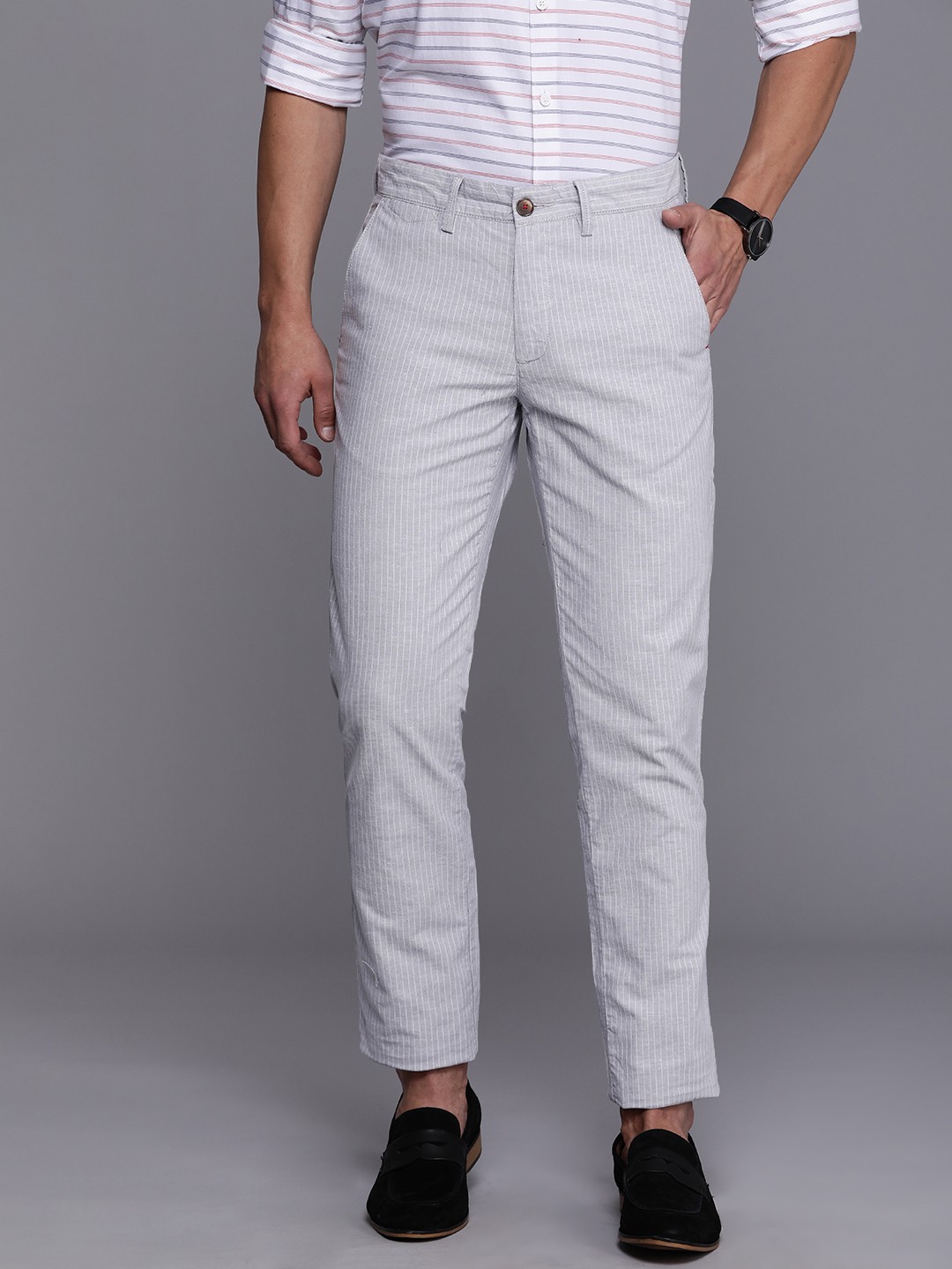 

Louis Philippe Sport Men Grey & White Striped Mid Rise Slim Fit Trousers