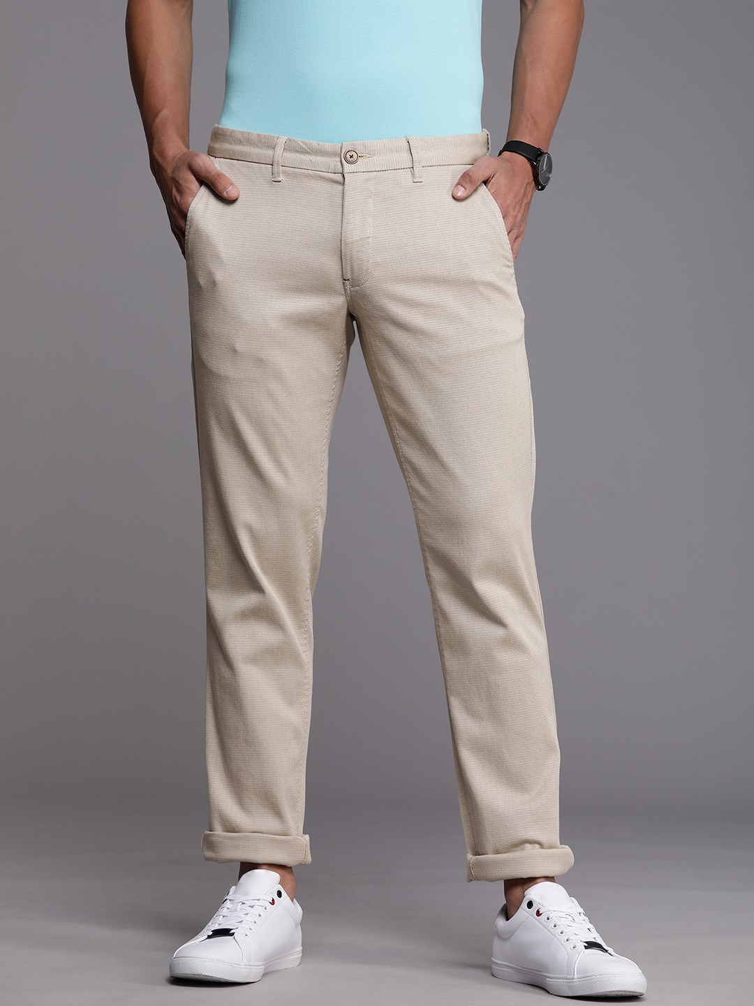 

Louis Philippe Sport Men Cream-Coloured Slim Fit Trousers