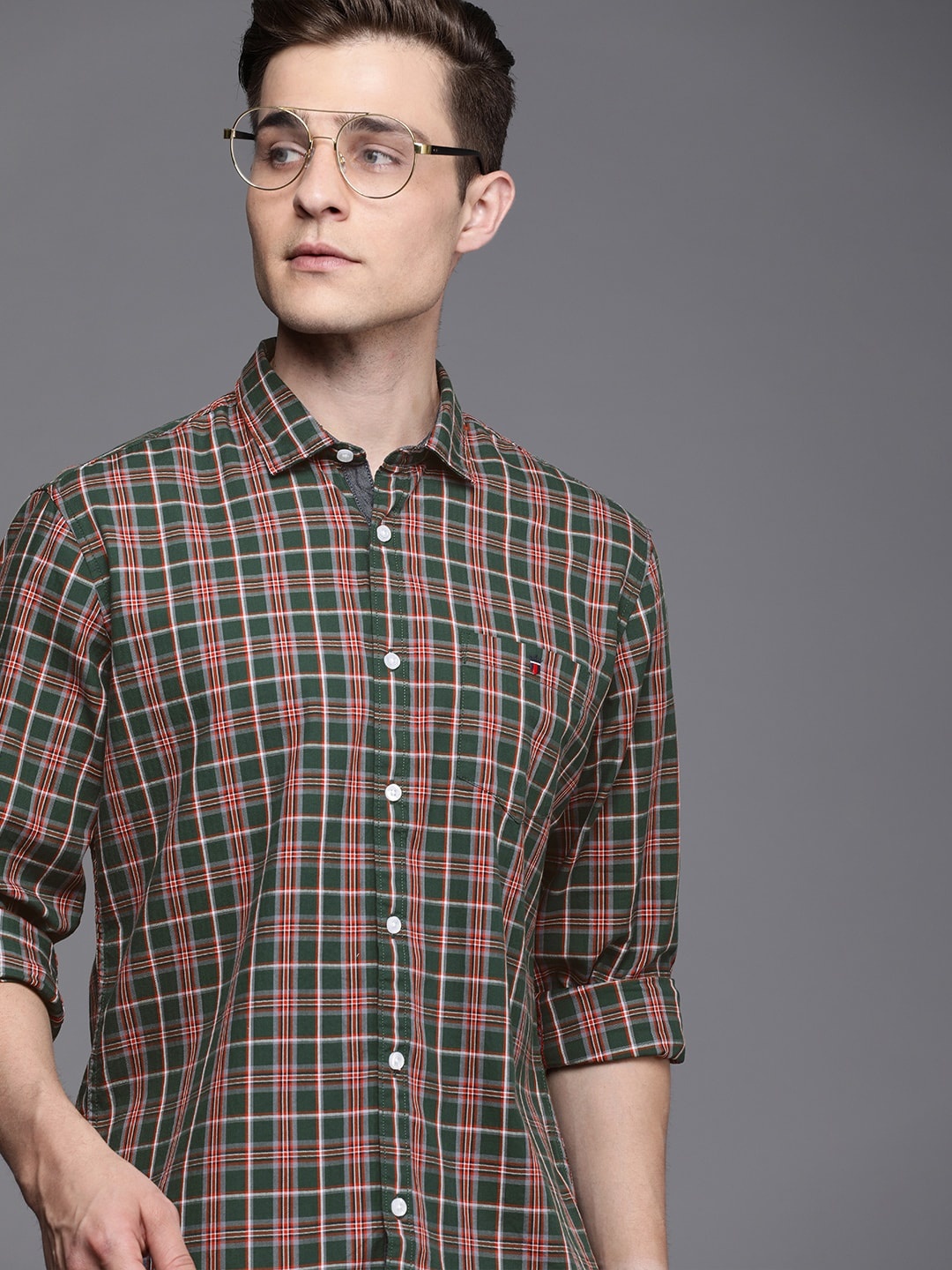 

Louis Philippe Jeans Men Green Slim Fit Cotton Checked Casual Shirt
