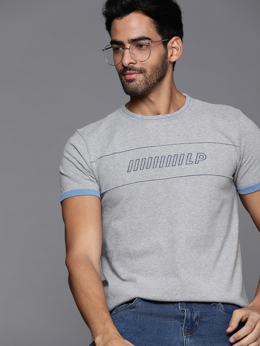 

Louis Philippe Jeans Men Grey Melange Typography Printed T-shirt