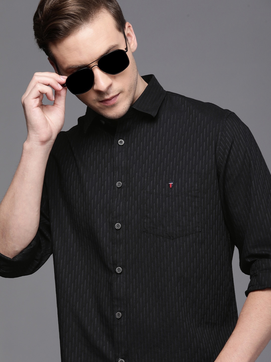 

Louis Philippe Sport Pure Cotton Self Design Textured Slim Fit Casual Shirt, Black