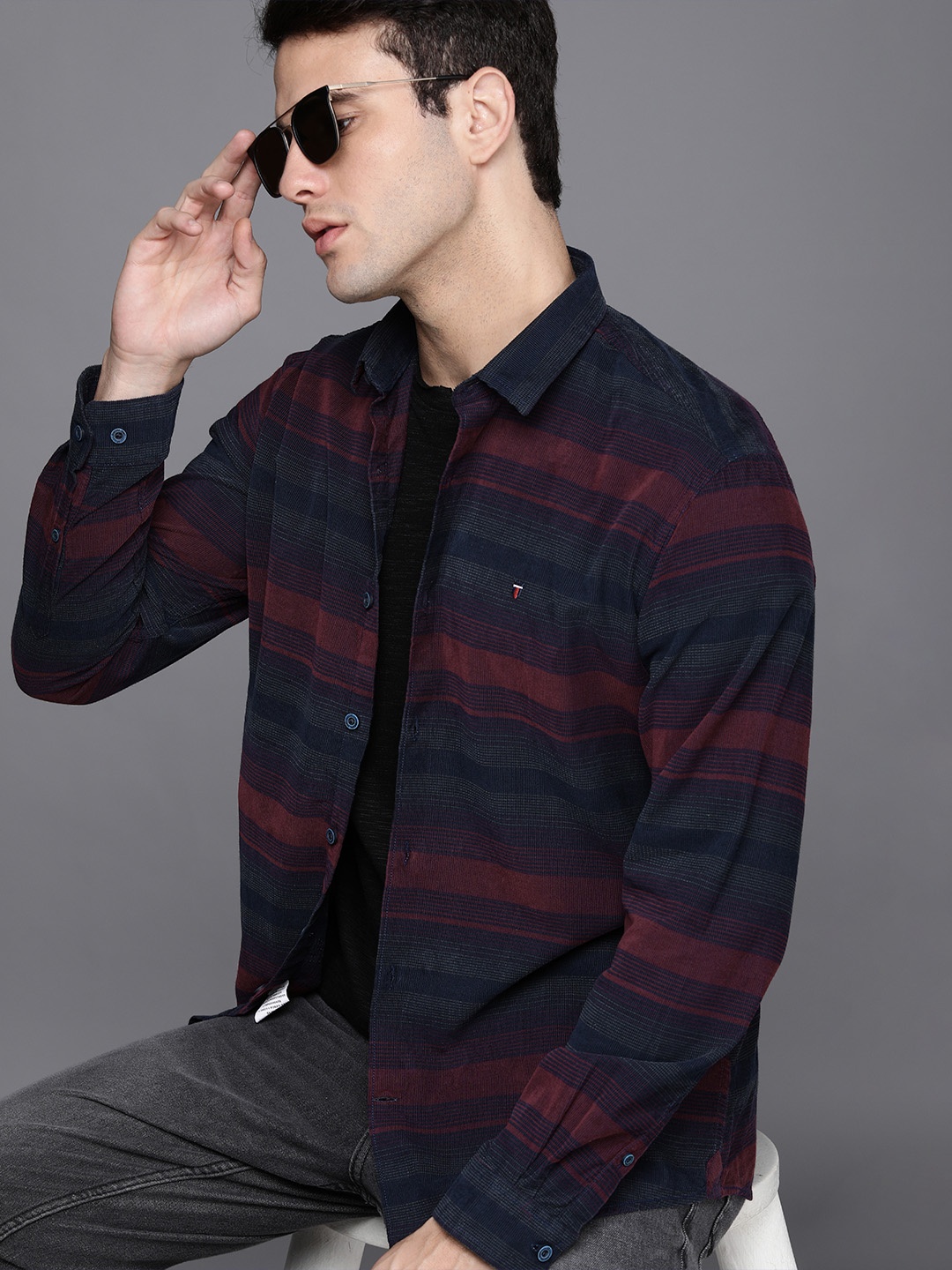 

Louis Philippe Sport Men Navy Blue Slim Fit Multi Stripes Opaque Pure Cotton Casual Shirt