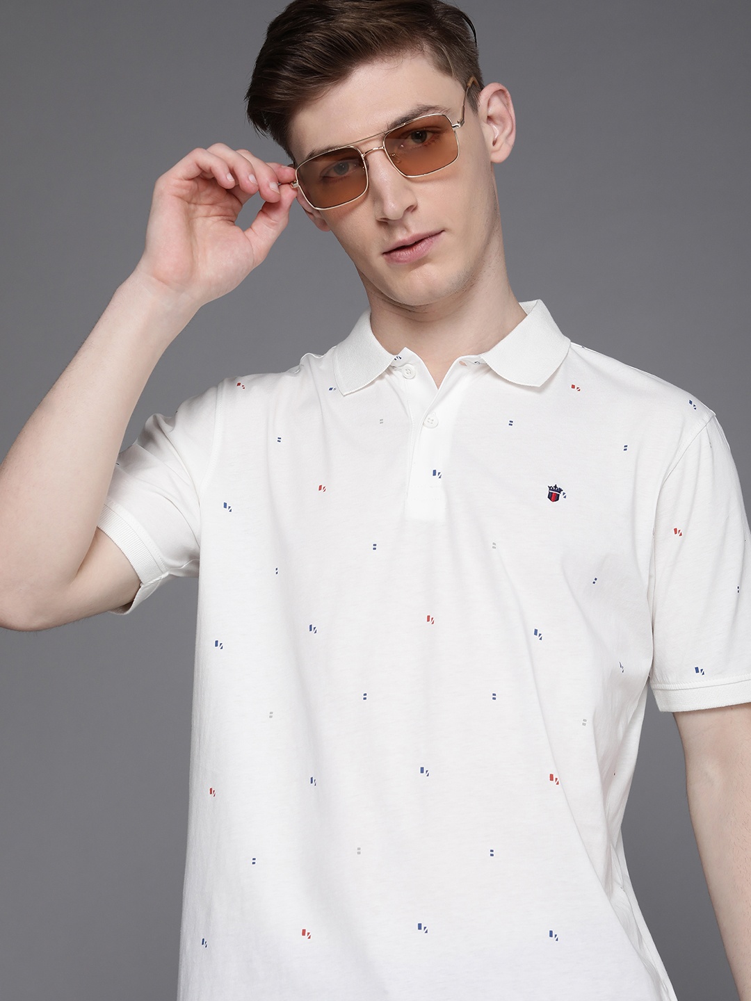 

Louis Philippe Sport Men White & Blue Printed Polo Collar Pure Cotton Slim Fit T-shirt