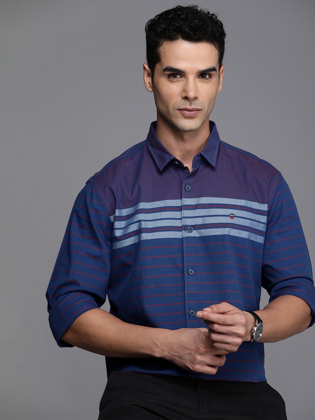 

Louis Philippe Sport Pure Cotton Slim Fit Striped Casual Shirt, Blue