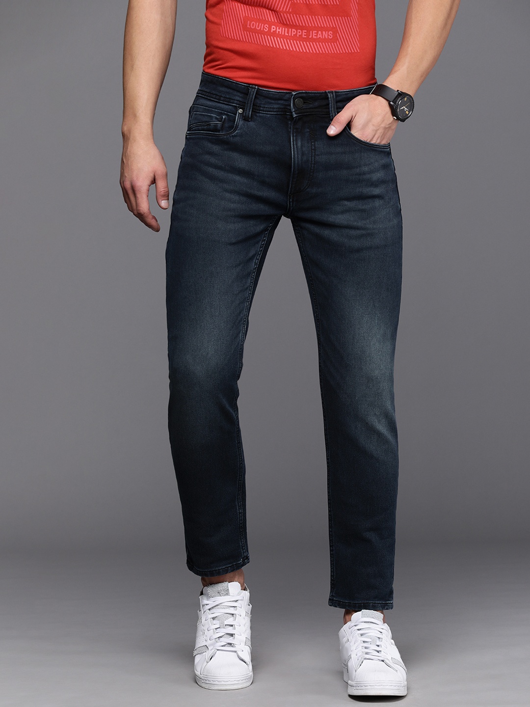 

Louis Philippe Jeans Men Navy Blue Slim Fit Low-Rise Heavy Fade Stretchable Jeans