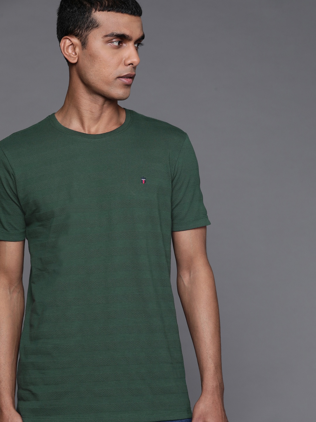 

Louis Philippe Jeans Men Green Pure Cotton Self-Striped Slim Fit T-shirt