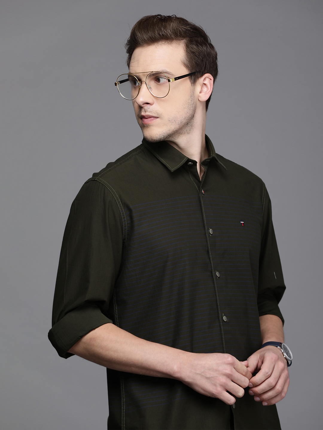 

Louis Philippe Sport Men Olive Green Slim Fit Horizontal Striped Casual Shirt