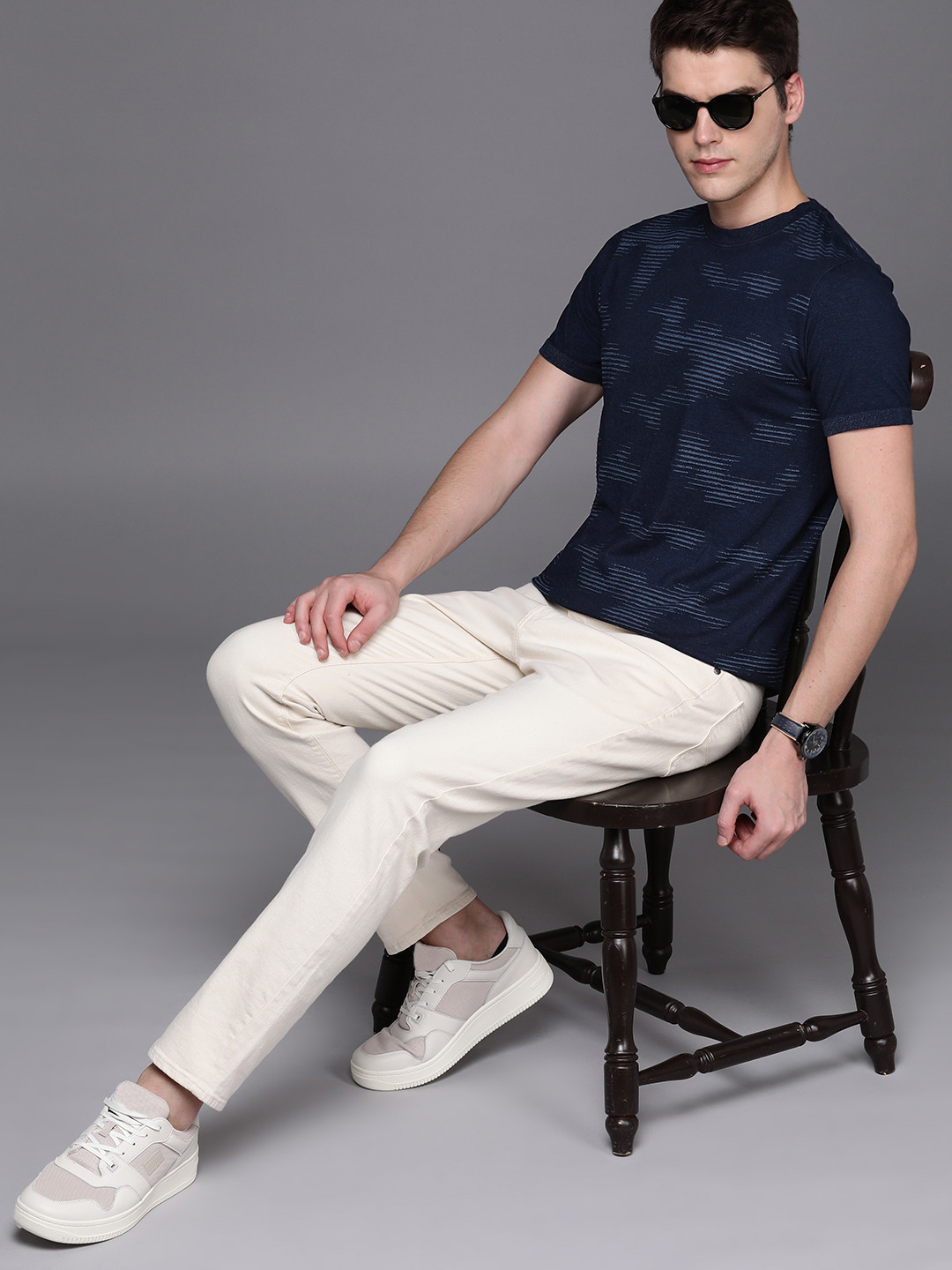 

Louis Philippe Jeans Men Self-Design Striped T-shirt, Navy blue