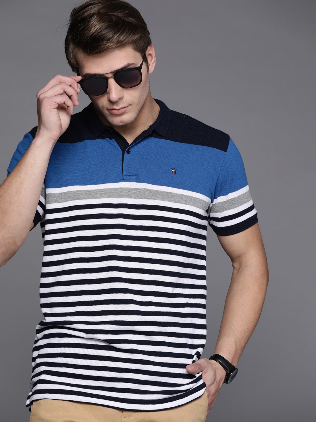 

Louis Philippe Sport Men Navy Blue & White Striped Polo Collar T-shirt