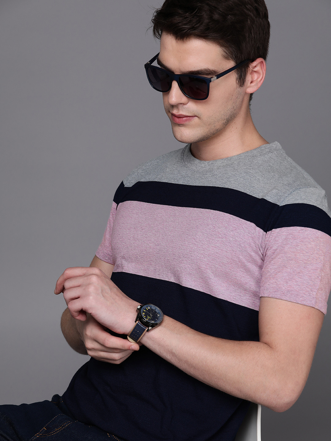 

Louis Philippe Jeans Men Striped Knitted T-shirt, Navy blue