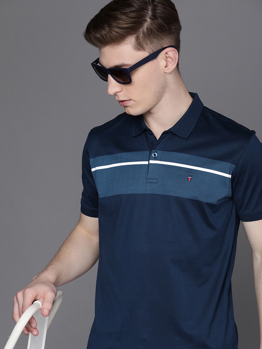 

Louis Philippe Sport Men Navy Blue Printed Polo Collar Pure Cotton Slim Fit T-shirt