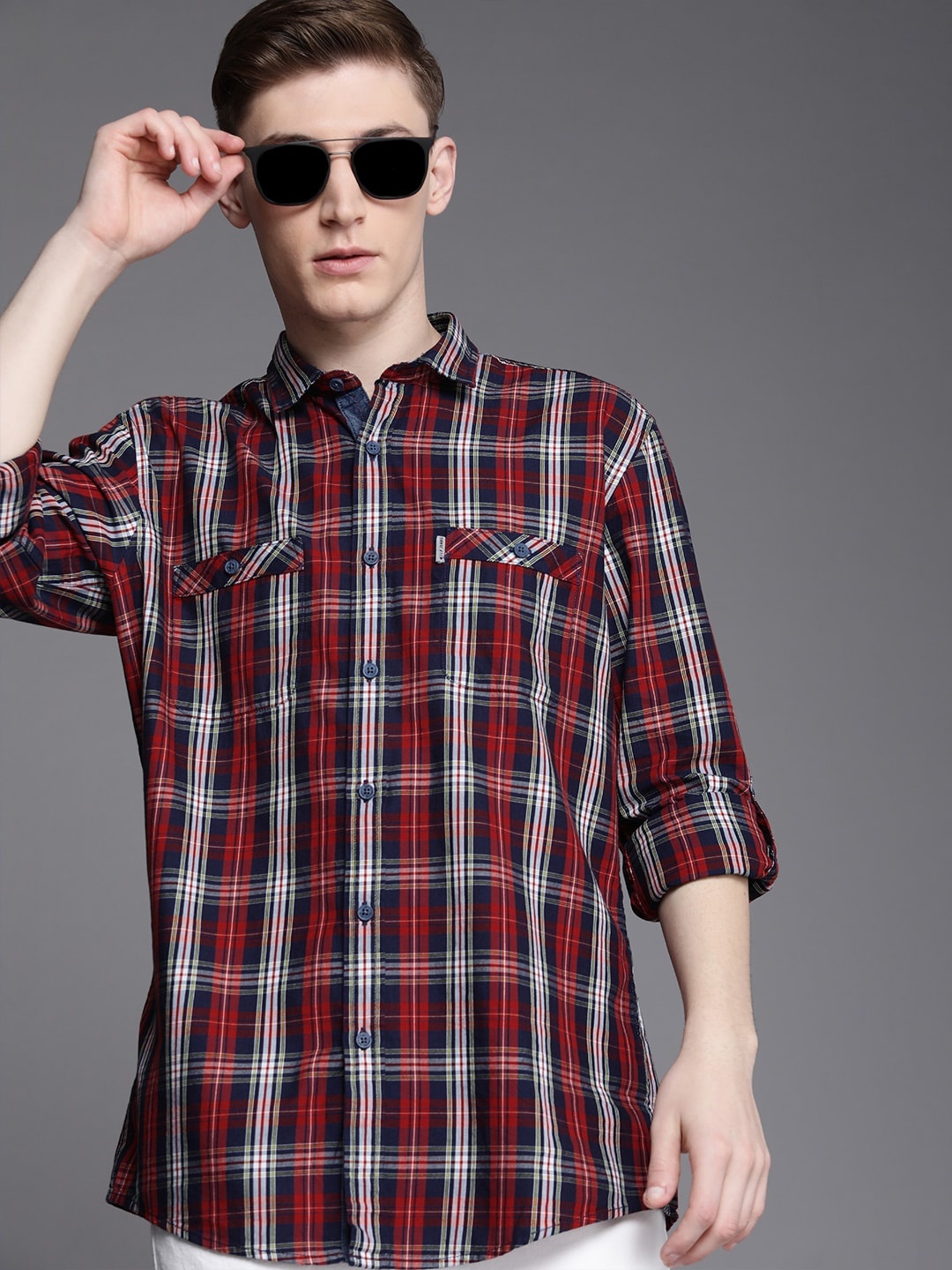 

Louis Philippe Jeans Men Red Slim Fit Checked Cotton Casual Shirt