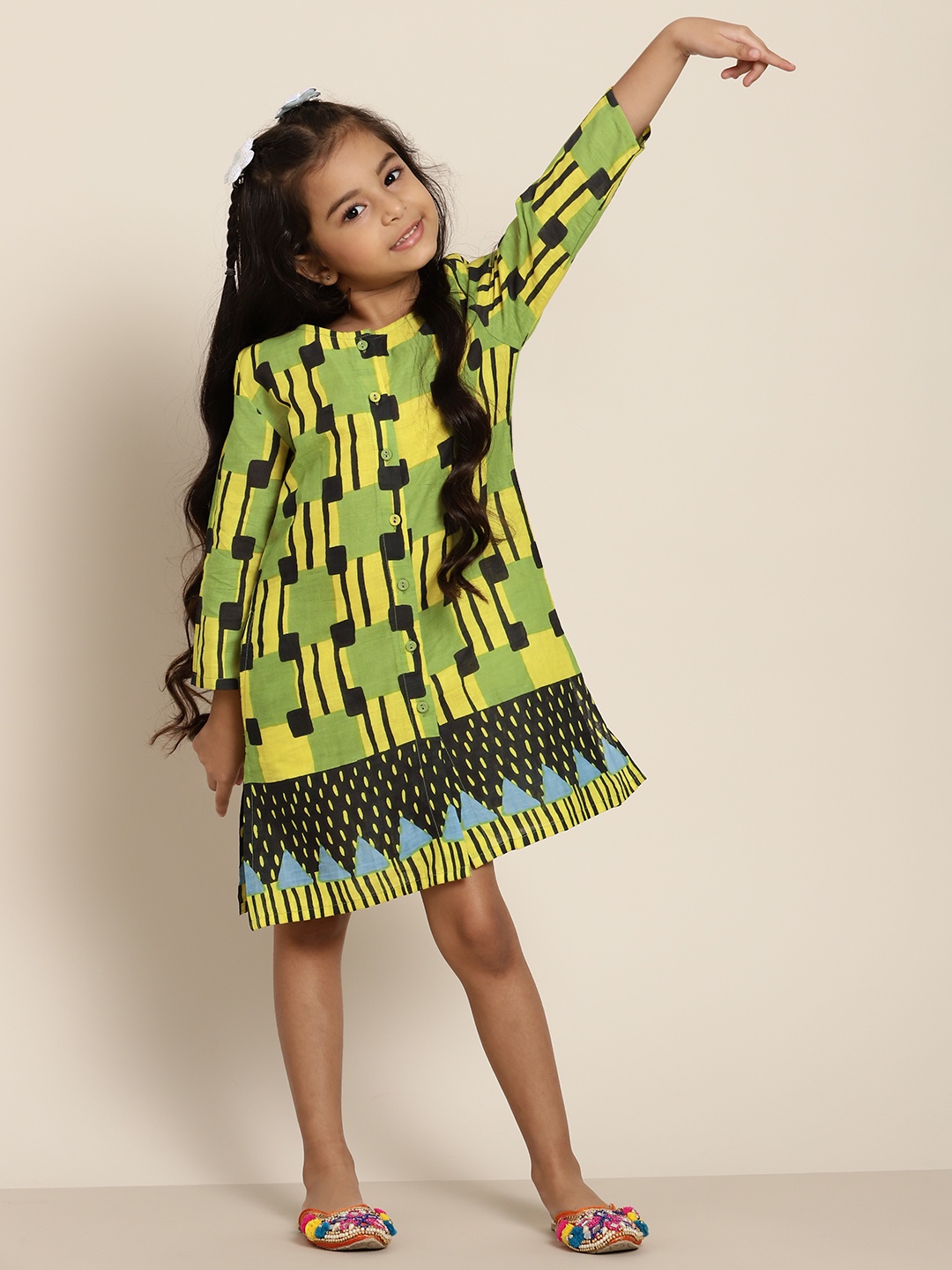 

Sangria Girls Yellow & Green Geometric Print Cotton A-Line Dress