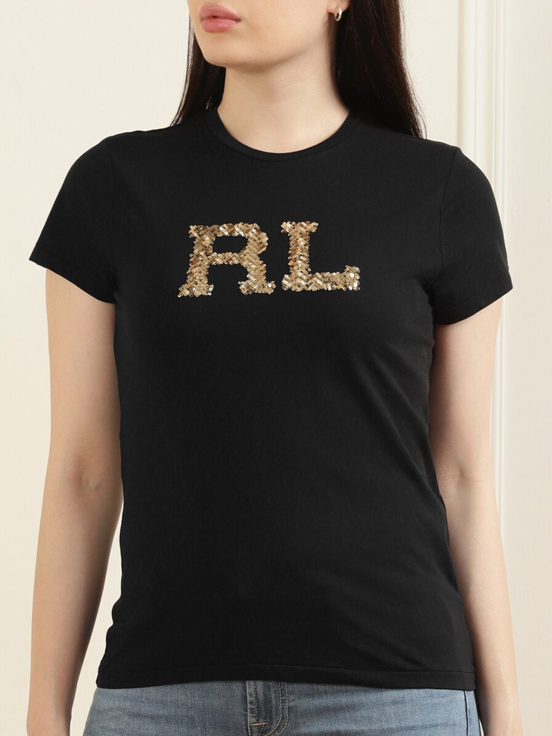 

Polo Ralph Lauren Women Black & Gold Toned Sequinned Pure Cotton T-shirt