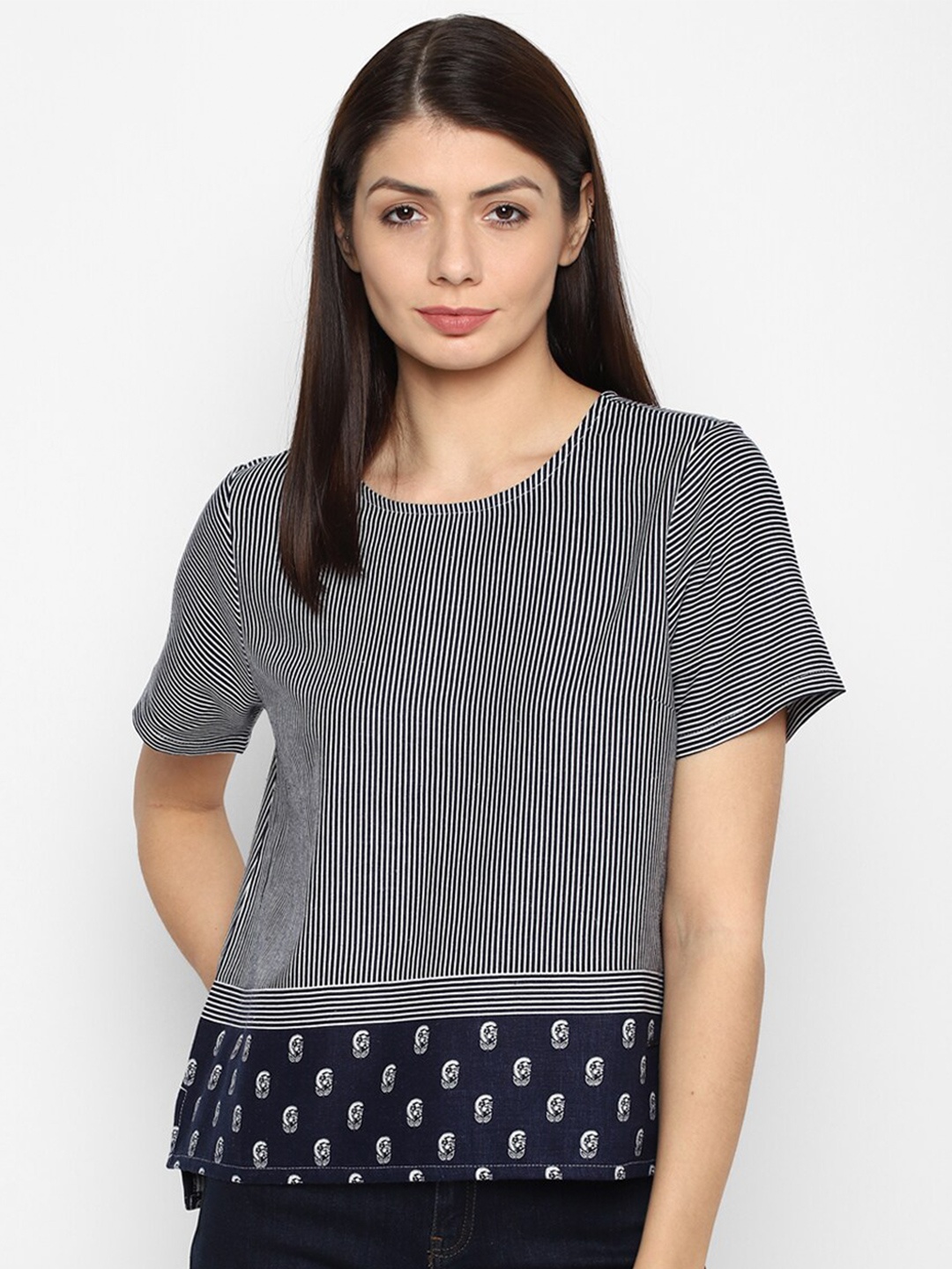 

Allen Solly Woman Navy Blue Striped Linen Top