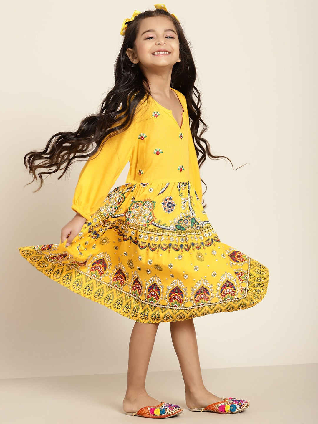 

Sangria Girls Yellow & White Ethnic Print Fit and Flare Dress